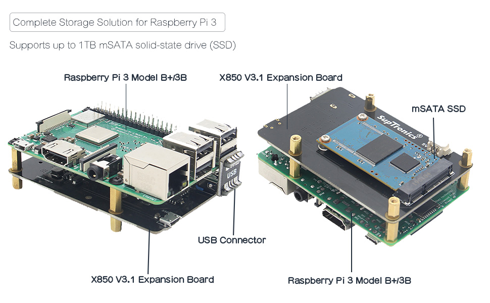 Geekworm X850 V3.1 USB 3.0 mSATA SSD Storage Expansion Board for Raspb