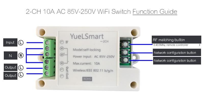 2-CH 10A AC 85V-250V WiFi Switch